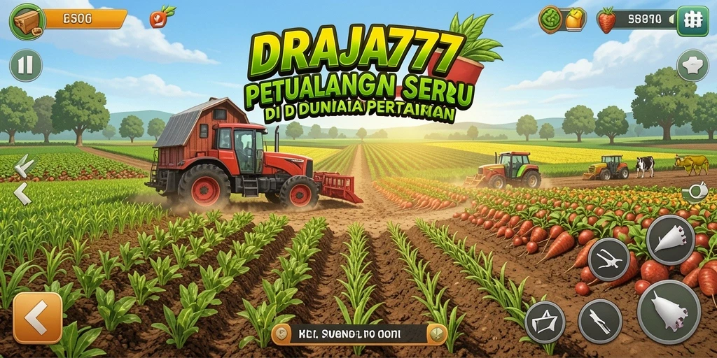 Tampilan gameplay DRAJA777 dengan taman yang subur dan beragam hewan ternak.