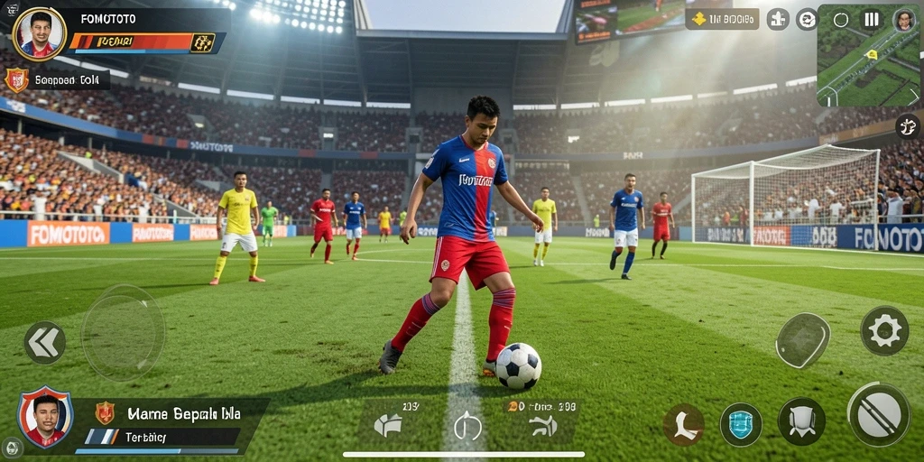 Tampilan screenshot FOMOTOTO yang menampilkan aksi laga sepak bola penuh semangat.