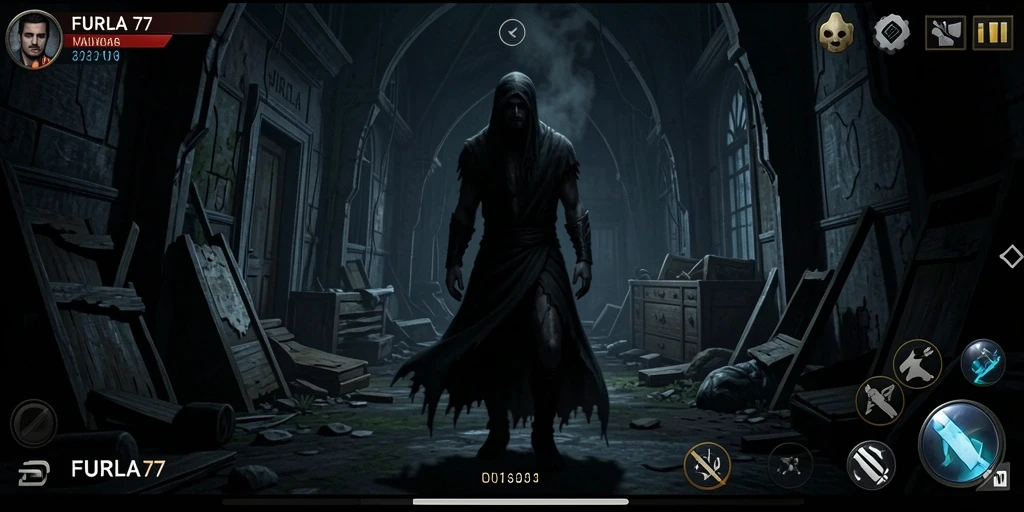 Screenshot gameplay menampilkan suasana menyeramkan di dalam FURLA77.