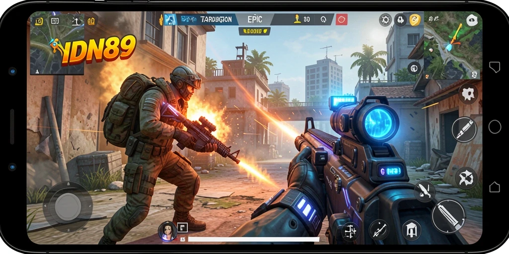 Screenshot menampilkan aksi seru dalam gameplay FPS IDN89.