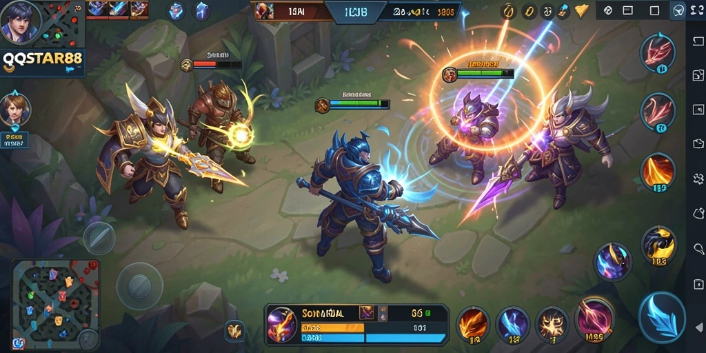 Tangkapan layar gameplay seru dalam QQSTAR88 dengan pertarungan tim.