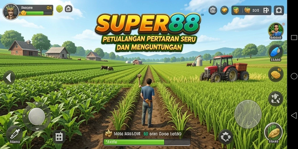 Screenshot gameplay SUPER88 menampilkan ladang yang subur dan tanaman yang siap dipanen.