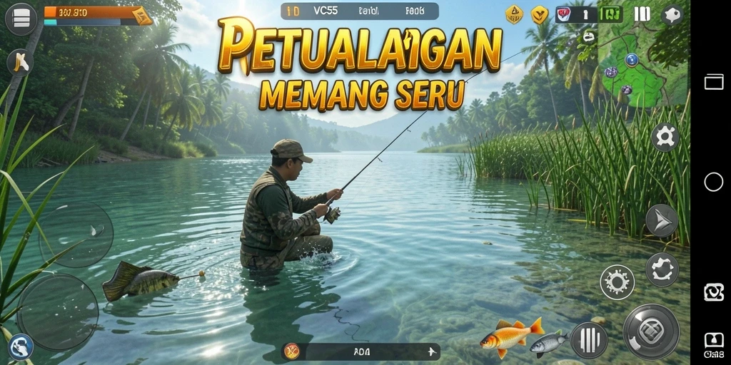 Screenshot gameplay VC55, menunjukkan aksi memancing yang seru.